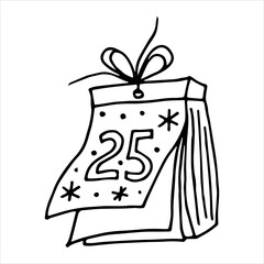 Tear-off calendar December 25. Day of the celebration of Christmas. Vector illustration drawn in outline style in doodle style.