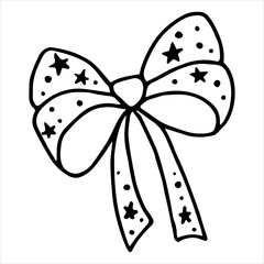 Bow with a print of stars and dots. Christmas decoration. Vector outline drawn illustration in doodle style.