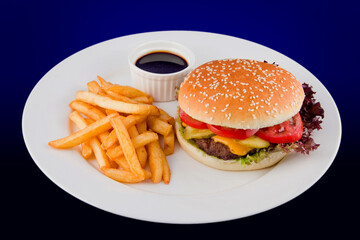 Fresh tasty burger with a Patty made of beef with tomato, cheese, cucumber with a side dish of French fries and sauce.