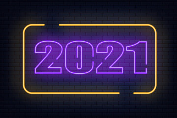 Happy New year 2021 text neon vector. Modern trendy design, night sign.