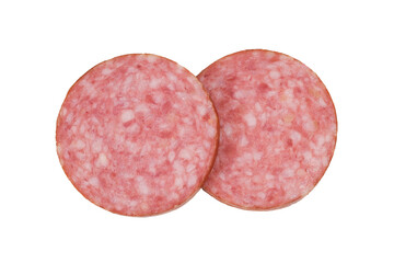 Two slices of sausage on isolated white background