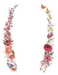 Fototapeta na wymiar Summer frane template. Vintage flowers greeting card. Watercolor floral wreath illustration,