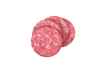 Slices of sausage on the isolated white background.