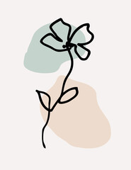 One line drawing. Beautiful field flower with leaves. Hand drawn sketch. Vector illustration.	
