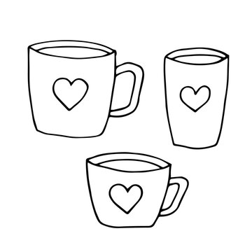 Set of cups with hearts, vector doodle illustration