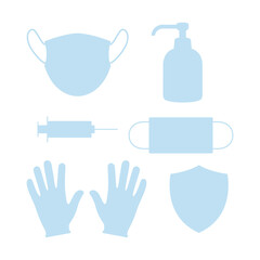 Personal protection equipment icon set. Medical symbol collection. Coronavirus prevention elements. Medical mask, latex gloves, dispenser, shield and syringe silhouettes. Vector medicine illustration