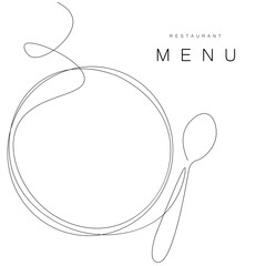 Menu restaurant background with spoon and plate line drawing, vector illustration