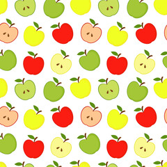 Apples seamless pattern. Red, yellow and green apples on a white background. Vector illustration.