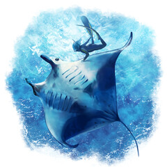 Sea stingray and diver. Watercolor drawing - 403817089