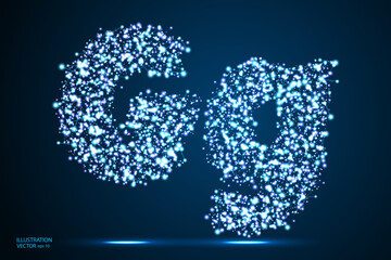 English letters abstract font consists 3d of triangles, lines, dots and connections. On a dark blue background cosmic universe stars, meteorites, galaxies. Vector illustration EPS 10.