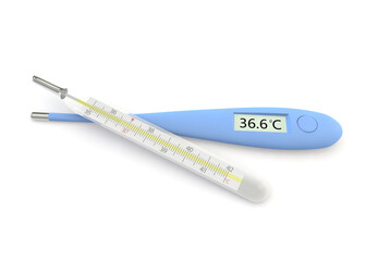 Digital and mercury thermometers show a temperature of 36.6 Celsius. 3D illustration