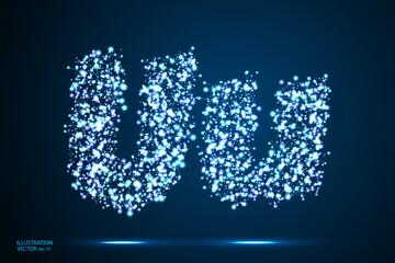 English letters abstract font consists 3d of triangles, lines, dots and connections. On a dark blue background cosmic universe stars, meteorites, galaxies. Vector illustration EPS 10.