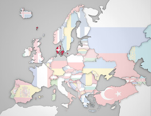 Fototapeta premium 3D Europakarte auf der Dänemark hervorgehoben wird und die restlichen Flaggen transparent sind