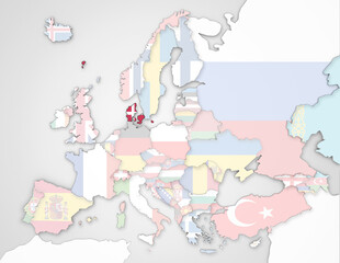 3D Europakarte auf der Dänemark hervorgehoben wird und die restlichen Flaggen transparent sind
