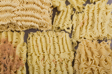 dried instant noodles, isolated on gray background.