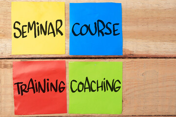 Seminar Course Training Coaching, text words typography written on paper, business self development...