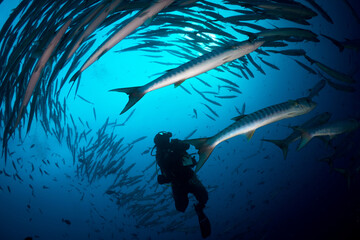 Silhouette of scuba diver swimming with school of barracuda 