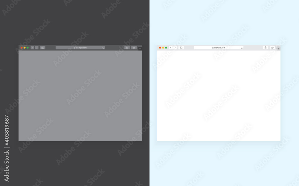Poster set of web browser windows design isolated on light and dark background. empty page with shadow. vec