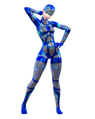 Cyborg Woman futuristic metallic neon suit.