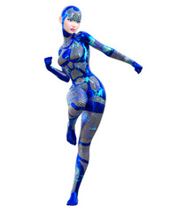 Cyborg Woman futuristic metallic neon suit.