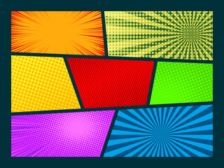 Comic book page template in pop art style. Colorful frames divided by lines with rays, halftone, and dotted effects. Vector illustration