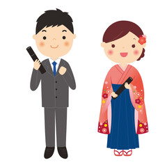 卒業　袴姿の女性とスーツの男性　背景なし