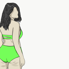 Body positive concept.Woman plus size.Confident obese women wearing bright green of swimwear,swimsuit or bikini in summer.Creative with illustration in flat design.