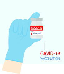 Doctor wear medical gloves hand holding vaccine bottle COVID-19 with syringe on blue background. Design for mockup Coronavirus Covid-19 vaccination concept. vector illustration.