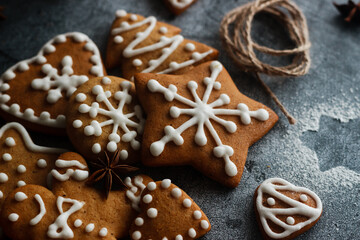 Christmas gingerbread. Delicious gingerbread cookies with honey, ginger and cinnamon. Winter composition. Great for New Year's or Christmas designs