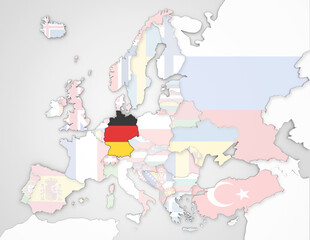 3D Europakarte auf der Deutschland hervorgehoben wird und die restlichen Flaggen transparent sind	