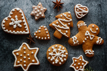 Christmas gingerbread. Delicious gingerbread cookies with honey, ginger and cinnamon. Winter composition. Great for New Year's or Christmas designs