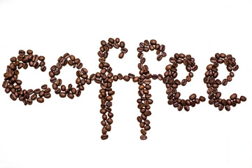 Word coffee written in grains. White background.