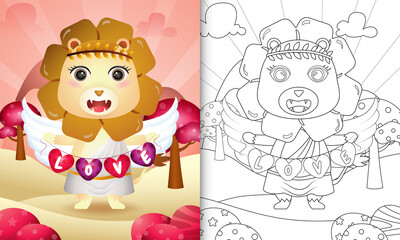 coloring book for kids with a cute lion angel using cupid costume holding heart shape flag