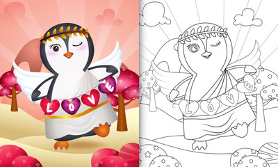 coloring book for kids with a cute penguin angel using cupid costume holding heart shape flag