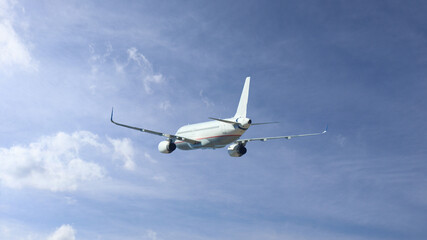 Fototapeta na wymiar Zoom photo of passenger airplane taking off in cloudy deep blue sky