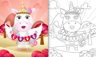 coloring book for kids with a cute unicorn angel using cupid costume holding heart shape flag