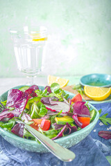 Fresh colorful spring salad - avocado, fresh vegetables, salad leaves and feta cheese, light green concrete background copy space