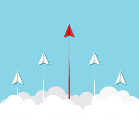 Paper plane go to success vector business financial concept start up, leadership, creative idea symbol paper art style illustration.  Creative an effort to get ahead in the ranking.