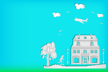 House,tree,street lamp, girl with scooter, airplane and clouds on a blue sky background. Paper art. Banner for real estate concept, repair, construction, sale or house insurance with copy space.Vector