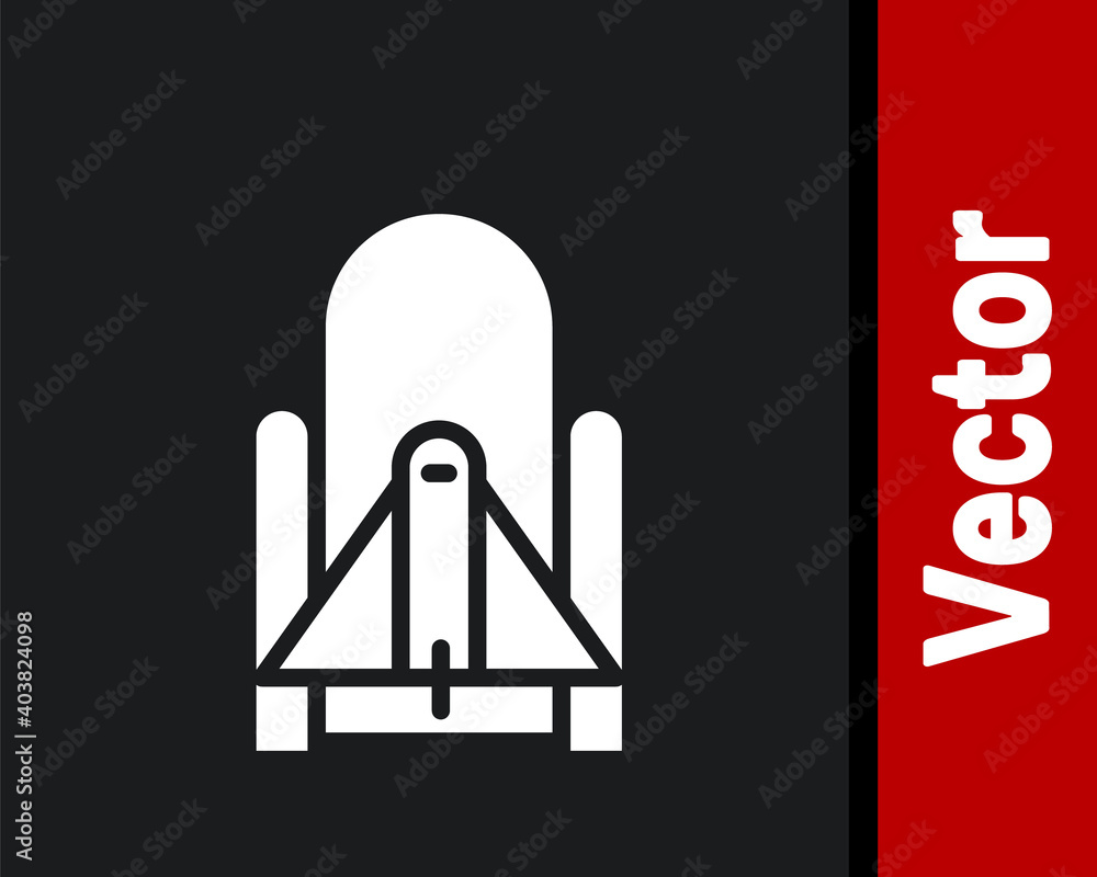 Poster white rocket launch from the spaceport icon isolated on black background. launch rocket in space. ve