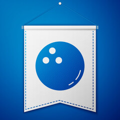 Blue Bowling ball icon isolated on blue background. Sport equipment. White pennant template. Vector Illustration.