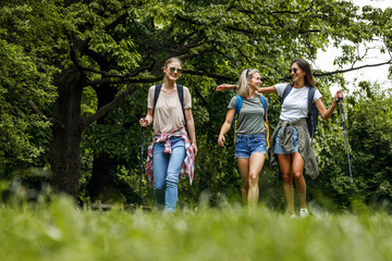 Group of female friends hiking in nature.They walking trough forest and joying in fresh air.	
