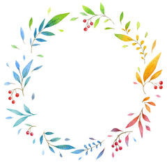 Fototapeta na wymiar frame leaves and red berries, border in circle, decoration in cartoons watercolor style, decorative pattern, colorfull green blue red yellow and orange elements in ornament, spring or summer card