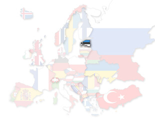 3D Europakarte auf der Estland hervorgehoben wird und die restlichen Flaggen transparent sind	
