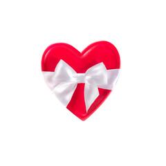 Red heart tied with a white ribbon with a bow, isolated on a white background. Sample for valentine's day project