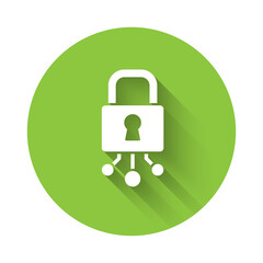 White Cyber security icon isolated with long shadow. Closed padlock on digital circuit board. Safety concept. Digital data protection. Green circle button. Vector.