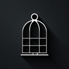 Silver Cage for birds icon isolated on black background. Long shadow style. Vector.