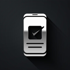 Silver Smartphone, mobile phone icon isolated on black background. Long shadow style. Vector.