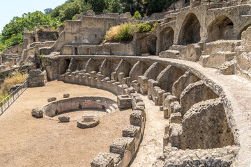 Villa dell'ambulatio and thermae in the Archaeological Complex of ancient Roman baths of Baia. Campi Flegrei regional park, Bacoli, Naples, Campania, Italy - obrazy, fototapety, plakaty