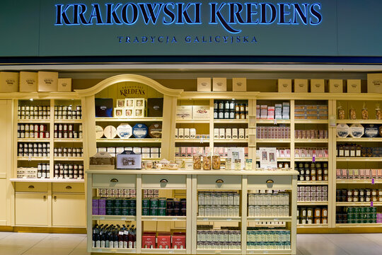WARSAW, POLAND - CIRCA NOVEMBER, 2017: Krakowski Kredens shop in Warsaw Chopin Airport.